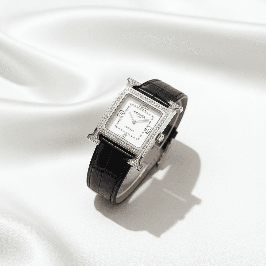 H-Frame Diamond Bezel Watch with Black Leather Strap — W020